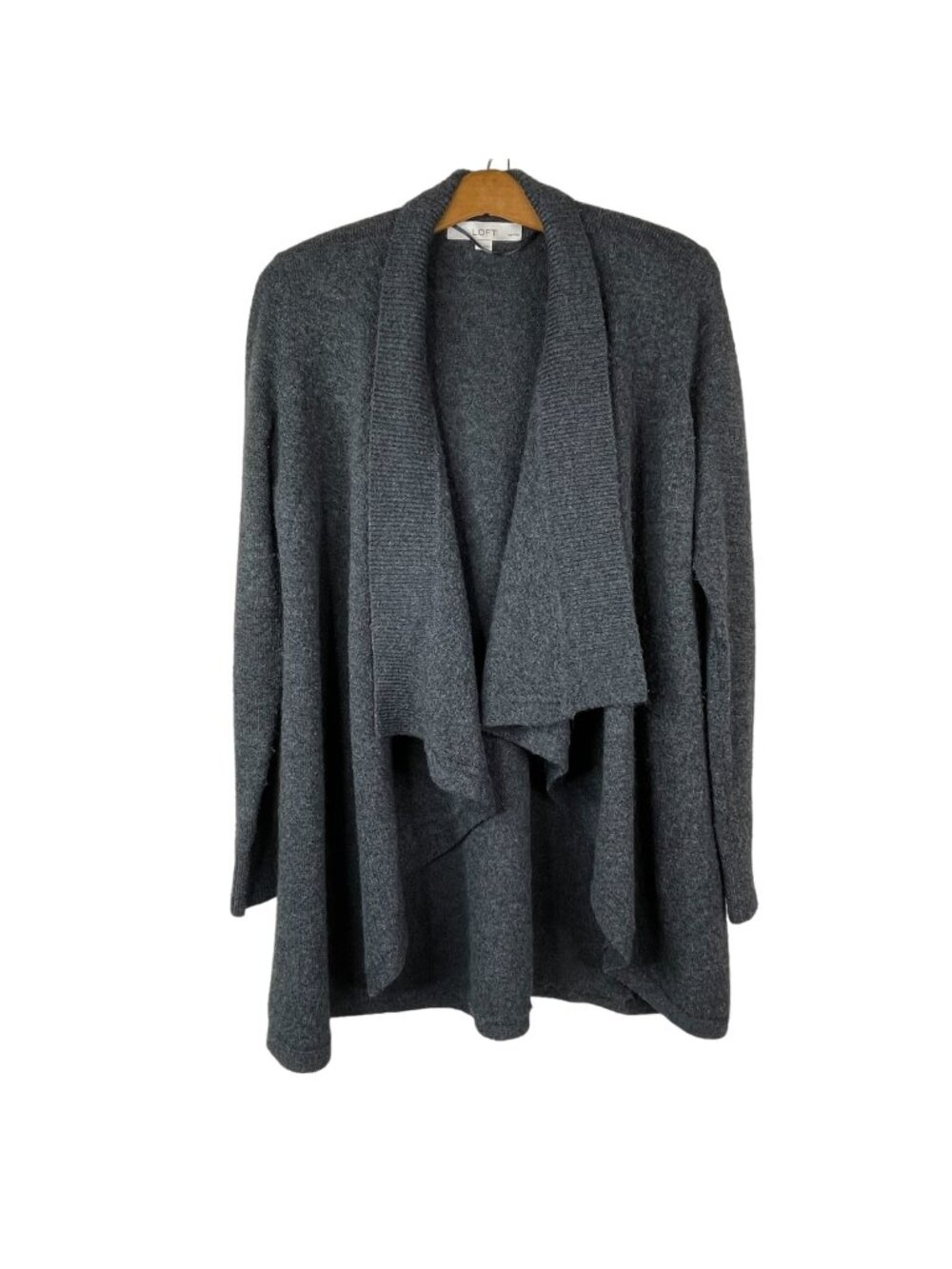 LOFT Cardigan Small Petite Open Front Sweater Gray Wool Blend Waterfall Career